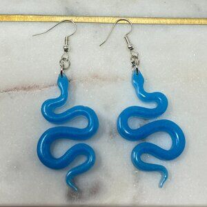 Blue Dangle Snake Statement Earrings Handcrafted Resin Hypoallergenic Halloween